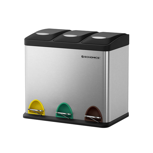 Papelera de Cocina Cubo de Basura 3 x 8 L con tapas Acero con Pedal Plata Negro